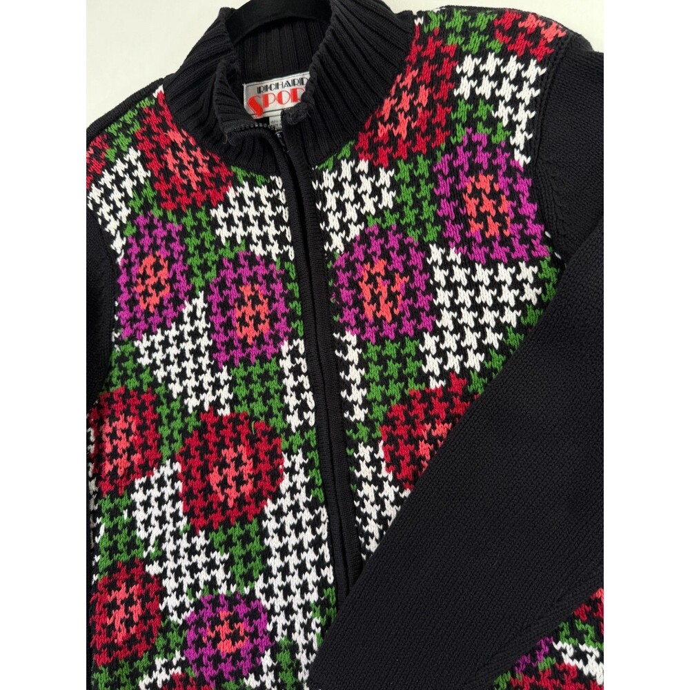 VTG Richard Sport Floral Houndstooth Mock Neck Zip Sweater Womens S M 19x23.5